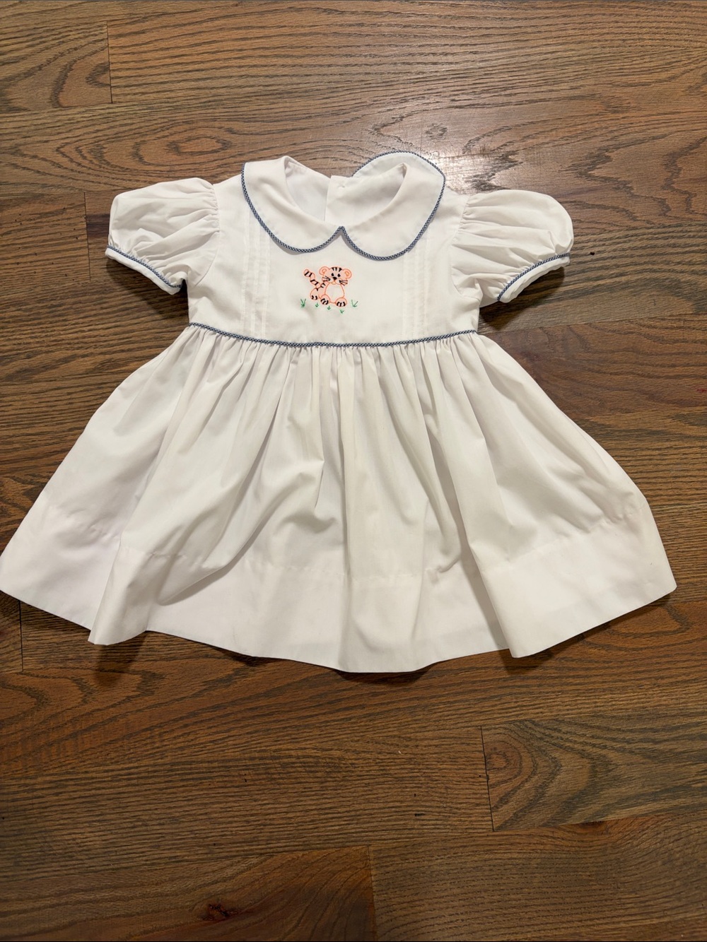 White Smocked Baby Dress with Blue Trim and Embroidered Tiger 2T EUC